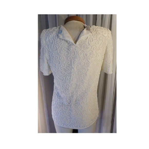 New Ivory Silk Blouse Small Beads Off White Kazar - Picture 6 of 8
